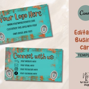 Western Rustic turquoise Concho business Card Template,Editable Small Business card  Template, Customizable business Card Digital Download