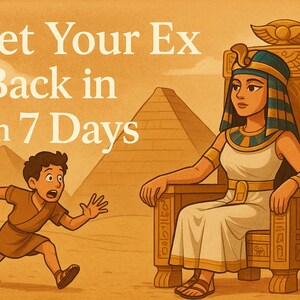 May include: Illustration of an ancient Egyptian scene. A pharaoh sits on a throne as a young person runs towards them. The text reads "Get Your Ex Back in 7 Days" in a stylized font.