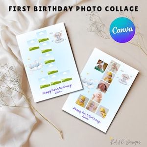 First Birthday Photo Collage Number 1 | 1st Birthday Gift for Girl | Editable Canva Poster | Printable Keepsake Canva Template