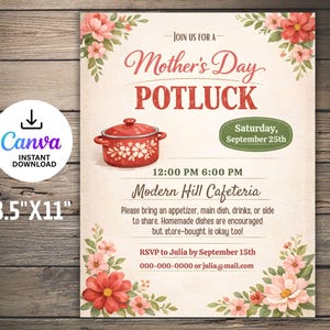 Muttertags Potluck Flyer und Vorlage für die Anmeldung, bearbeitbare Kirche, Nachbarschaft, Büro, Schule Event Luncheon Einladung