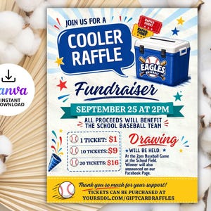 Puede incluir: Un cartel promocional para una rifa de neveras. El diseño presenta una nevera azul con el logotipo del equipo de béisbol Eagles, boletos de rifa y el texto "Cooler Raffle Fundraiser". El evento es el 25 de septiembre a las 2 PM.