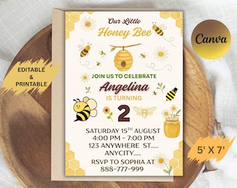 Editable Bumble Bee 2nd Birthday Invitation: Sweet Two Party (5x7 PDF Template)