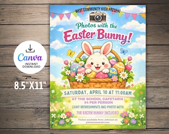 Plantilla de volante con foto de conejo de Pascua, evento escolar, Canva editable (21,5 x 28 cm)