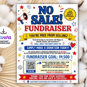 Puede incluir: Un folleto colorido con el texto "NO SALE! FUNDRAISER". El folleto fomenta las donaciones, con un objetivo de $4,500. Incluye un código QR para donaciones fáciles y agradece a los donantes.