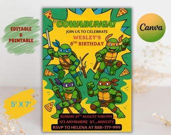 Invitation d'anniversaire modifiable de tortue Ninja | Invitation imprimable de Ninja, tortue Evite, modèle de toile modifiable téléchargement immédiat
