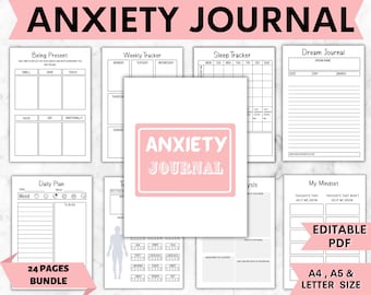 Printable Anxiety Journal: Mood Tracker, Self-Care Planner (Editable PDF Download)