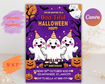 May include: A Halloween party invitation with the text "Boo-Tiful Halloween Party". The invitation features three cartoon ghosts wearing party hats, pumpkins, bats, and a moon on a purple background. The invitation is 5' x 7'.