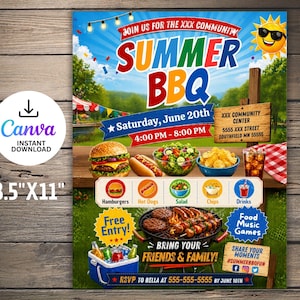 Puede incluir: Un folleto colorido que promociona un evento de barbacoa de verano. El diseño presenta un cielo azul, hierba verde e imágenes de hamburguesas, perritos calientes y otros alimentos de barbacoa. El folleto incluye el texto "Summer BBQ" y detalles del evento.