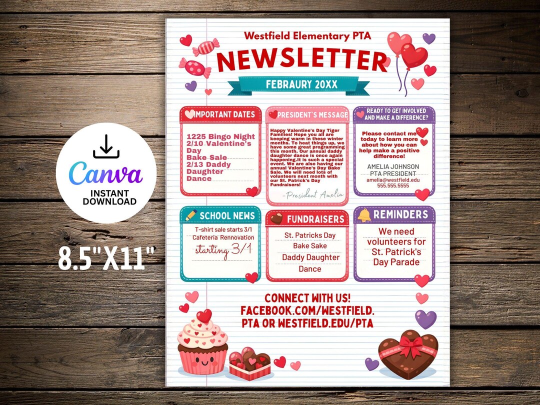 Editable PTA Newsletter Template, Valentines School Bulletin News
