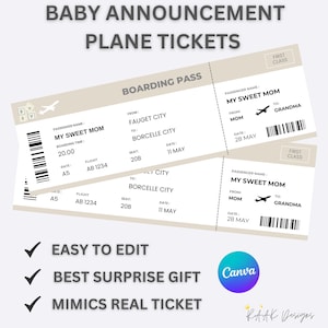 Editable Pregnancy Announcement Plane Ticket, Printable Baby Surprise Ticket, Grandpa Grandma Gift, Baby Shower, Personalized Gift