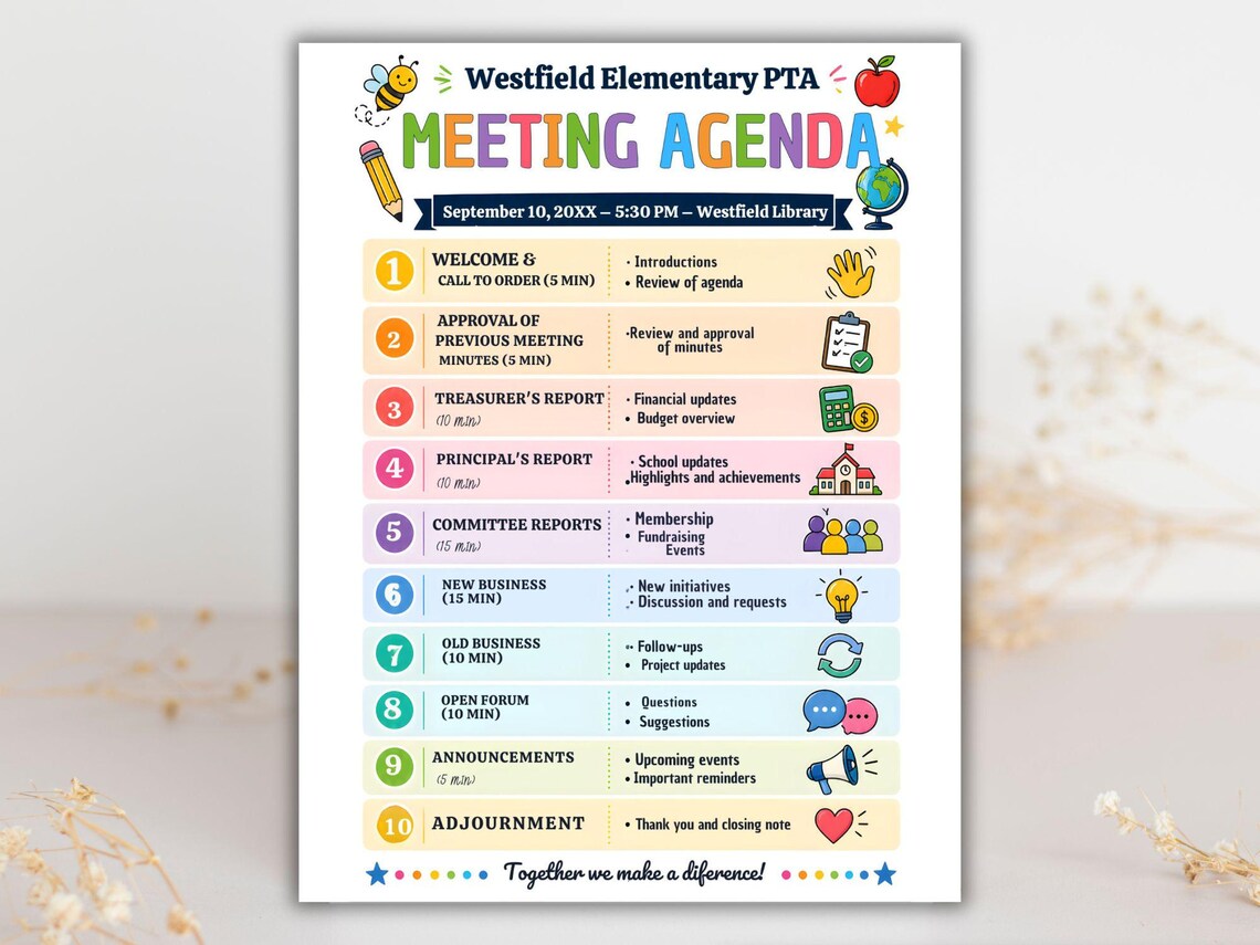 PTO PTA Meeting Agenda: Editable Outline Template (canva Download) - Etsy