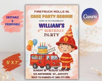 Editable Fire Truck Birthday Invitation Template: 5x7" (PDF Download)