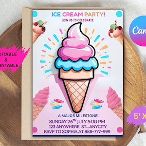 Ice Cream Birthday Invitation. Icecream Sweet Party Here&#39;s the Scoop Pink Purple Gold Girl Birthday EDITABLE Invite. Printable Download