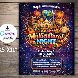 May include: A vibrant poster for a Multicultural Night event, featuring a central circular design with global landmarks, musical instruments, and food illustrations. The poster includes the text "Multicultural Night" and event details, measuring 8.5" x 11".