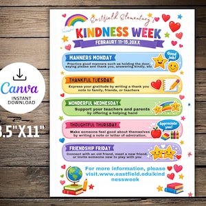 以下が含まれることがあります： Eastfield ElementaryのKindness Weekの、カラフルな21.6 x 27.9 cmのCanva印刷可能ポスター。 ポスターには、虹、星、ハート、Manners MondayやFriendship Fridayなどの毎日のテーマが描かれています。 詳細については、ウェブサイトをご覧ください。