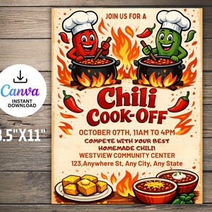 Puede incluir: Un cartel de estilo vintage para un concurso de chili. El diseño presenta pimientos de dibujos animados con gorros de chef, removiendo ollas sobre llamas. El cartel mide 21,6 cm x 27,9 cm e incluye detalles del evento: fecha, hora, lugar y la frase "Chili Cook-Off".