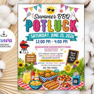 Könnte beinhalten: Eine farbenfrohe Einladung zu einem Sommer-BBQ-Potluck, mit einem fröhlichen Design mit einer Sonnenbrille, einem Grill und verschiedenen Essensillustrationen. Die Veranstaltung findet am Samstag, den 25. Juni 2026, von 12:00 bis 16:00 Uhr statt.