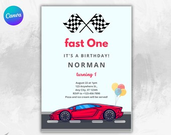 Race Car 1st Birthday Invitation: Editable Canva Template