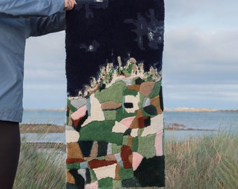 Shore - Aerial view ocean and fields - Tufted carpet - Wool - Tufting rug - 83x43 cm