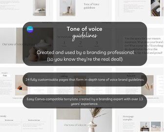 May include: A digital template for creating tone of voice guidelines for a brand. The template is designed to be used by a branding professional and includes 24 customizable pages. The template is easy to use and compatible with Canva. The template is created by a branding expert with over 13 years of experience. The template features a minimalist design with a neutral color palette.