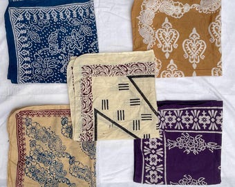 Hand Block Print Cotton Bandanas | Multicolor Vintage Bandana | Boho Head Scarf | Eco Friendly Gift 21x21" Set Of 5 Bandana,