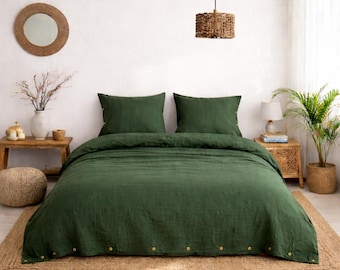 Forest Green Linen Duvet Cover Set, Washed Linen Bedding, Soft Breathable Bed Set, Rustic Boho Bedroom Decor, Button Closure Quilt Cover,