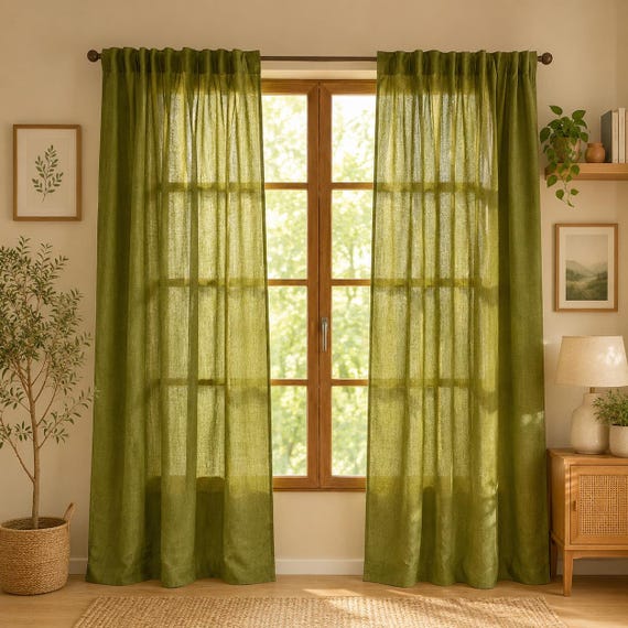 Olivgrüner Leinen-Vorhang, 2-teilig | Halbtransparente Vorhänge aus Naturleinen | Maßgefertigte Fenstervorhänge | Vorhänge im Landhausstil