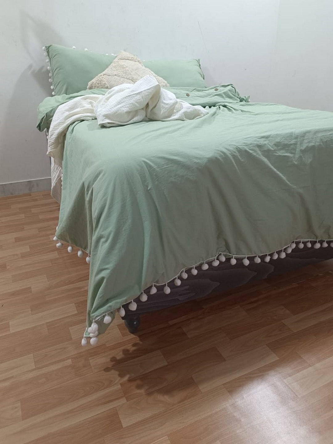 Sage Green White Pom Pom Tassel Duvet Fringed Duvet Stonewashed
