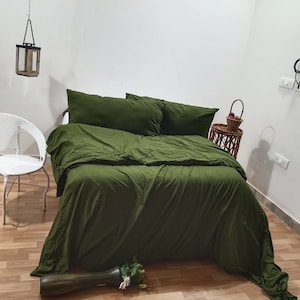 Dark Moss Green comforter cover with buttons in king, queen and other custom sizes, pure organic bed quilt cover, natural duvet cover