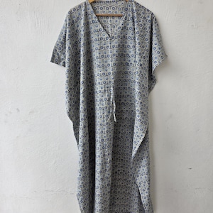 Hand Block Print Cotton Kaftan Dress: Indian Floral Beach Cover Up