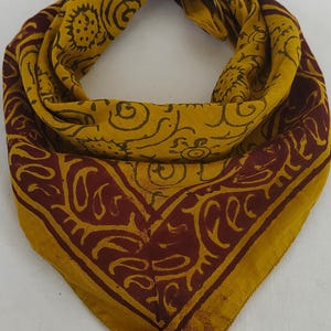 Handmade Mustard Cotton Bandana Scarf: Paisley Block Print