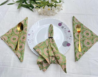 Green Floral Hand Block Printed Cotton Napkins - Set of 100, Eco Friendly