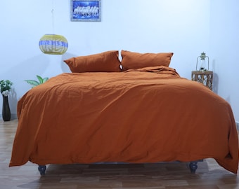 Rusty Orange Linen Bedding Set: Queen Size Duvet Cover with Pillowcases