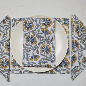 Cotton Handmade Printed Table Decor Napkin Set, Party Decor Light Mustered Hand Block Print Cloth Napkins, Floral Printed Pure Cotton Napkin