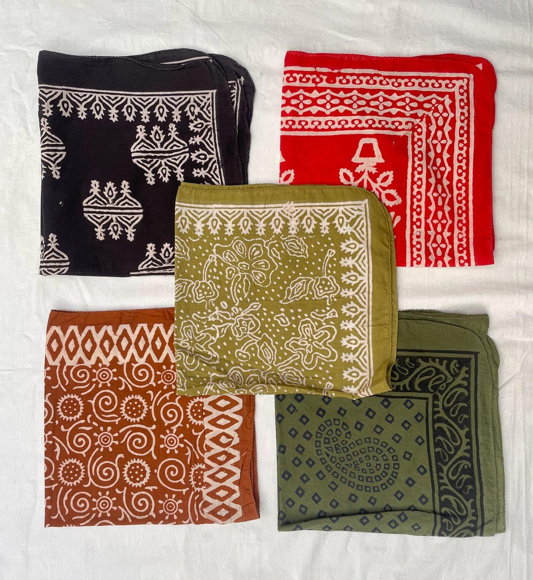Hand Block Print Cotton Bandana Set: Soft Indian Headwrap - Set of 5