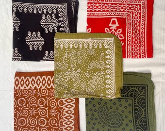 Hand Block Print Cotton Bandana Set: Soft Indian Headwrap - Set of 5 bandana, Soft Bandana, Boho Head Scarf | Eco Friendly Gift 21x21"