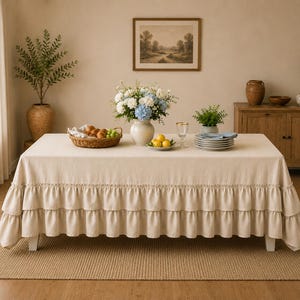Natural Linen Ruffle Tablecloth, Farmhouse Rectangular Table Cover, Double Layer Ruffled Tablecloth, Rustic Dining Table Linen,