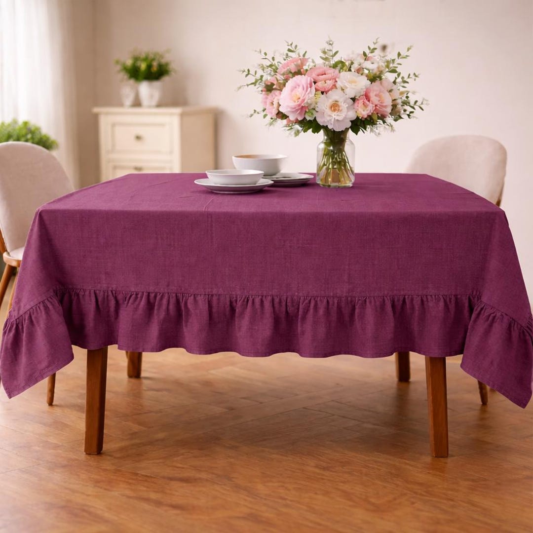 Plum Linen Tablecloth Ruffle Edge – Elegant Rustic Dining Table Cover ...