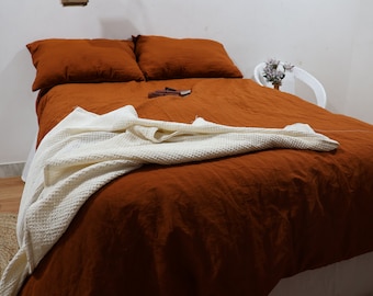 Cinnamon Linen Duvet Cover Set: Stonewashed Bohemian Bedding with Pillowcases