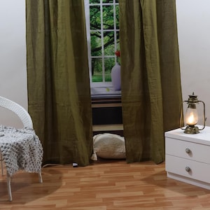Dark Green Linen Curtain Set: Stonewashed Blackout Curtains, Tab Top
