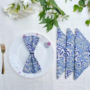 Blue Floral Hand Block Printed Cotton Napkins - Set of 100, Eco Friendly
