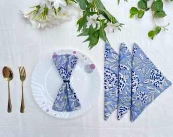 Servilletas de algodón estampadas a mano con flores azules - Juego de servilletas de algodón estampadas a mano: Servilletas de cena con flores bohemias,