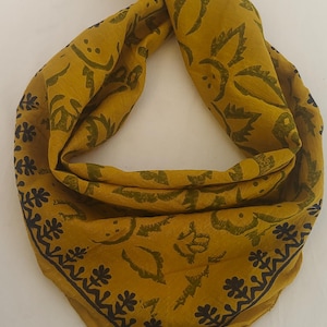 Mustard Cotton Bandana Scarf: Paisley Block Print, Handmade