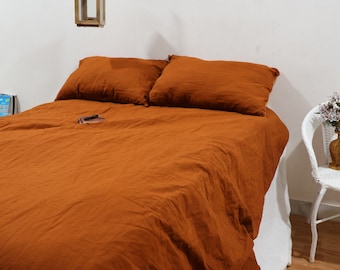 Funda nórdica de lino naranja quemado: ropa de cama de lino lavado a la piedra, ecológica, lujosa funda de cama rústica.