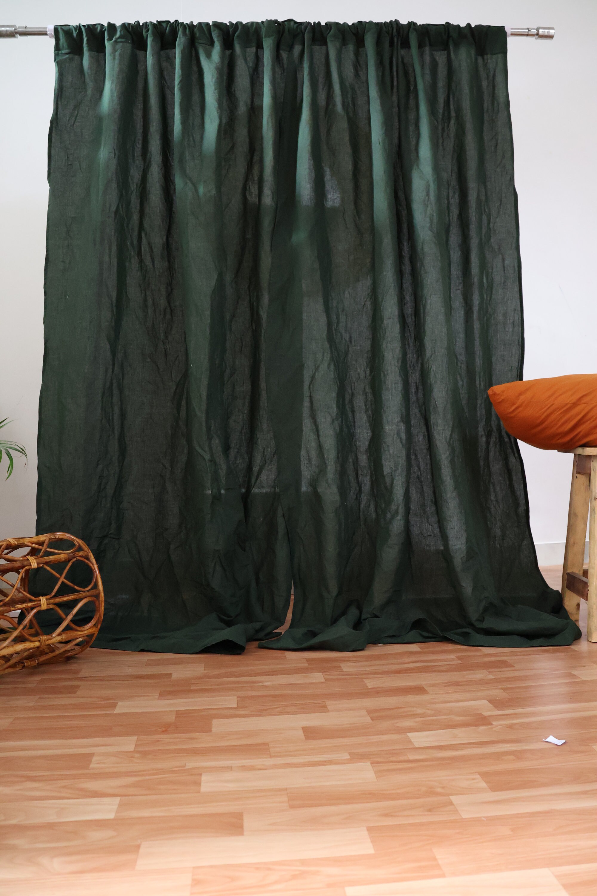 Forest Green Linen Curtain Set: Boho Window Drapes, Extra Long, 2 Panels