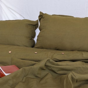 Olive Green Linen duvet cover with buttons, Washed softened linen bedding, Custom size, King, Queen, Twin linen Comforter Cover Set