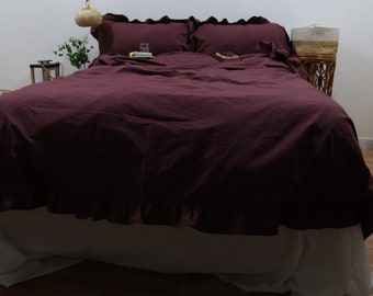 Handmade Maroon Ruffled Cotton Duvet Cover Set - Queen Size