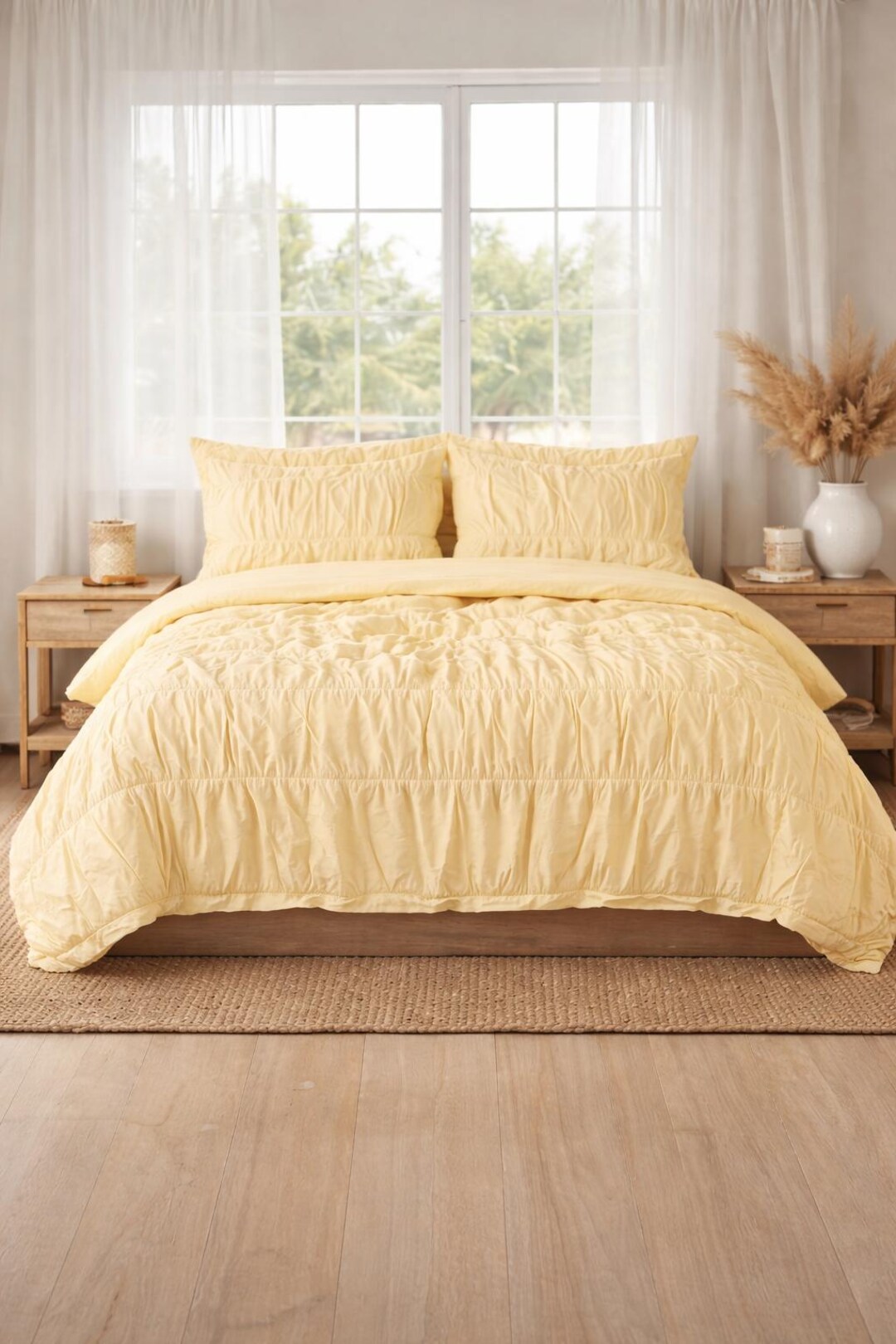 Wrinkle Yellow Ruched Duvet Cover Set, Soft Cotton Bedding for Queen ...