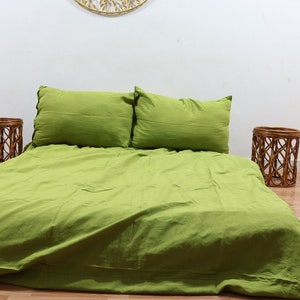 Moss Green Linen duvet cover with buttons, Washed softened linen bedding, Custom size, King, Queen, Twin linen Comforter Cover Set