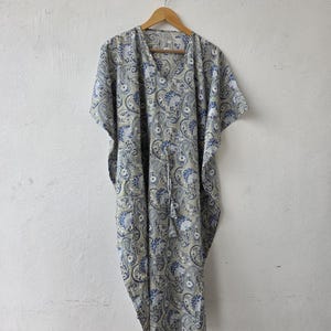 Hand Block Print Cotton Kaftan Dress: Indian Floral Beach Cover Up
